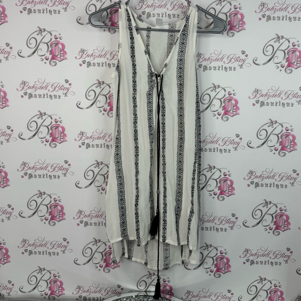 Koy resort tank top long style tassle ties  Black White Striped Sleeveless Top